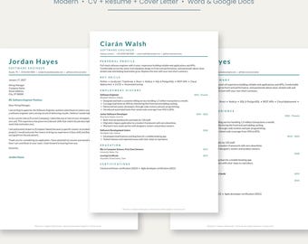 Plantilla de currículum moderna para Word, Google Docs y Pages, plantilla de currículum para ATS, plantilla de CV, carta de presentación, 1 y 2 páginas, currículum minimalista, currículum técnico