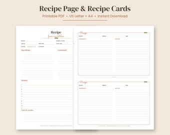 Tarjetas de recetas imprimibles, plantilla de recetas de página completa, tarjetas de recetas de media página, páginas para archivador de recetas, regalo de Navidad para mamá, PDF tamaño carta estadounidense y A4