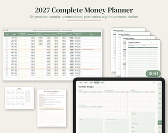 Paquete de planificador de presupuesto 2027, hoja de cálculo de presupuesto en Excel y Google Sheets, pago de deudas, reto de ahorro, seguimiento de facturas, planificador digital, calendario