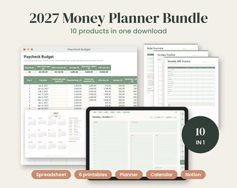 2027 Budget Planner Bundle, Budget Spreadsheet Excel Google Sheets, Debt Payoff, Savings Challenge, Bill Tracker, Digital Planner, Calendar