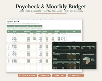 Paycheck Budget Spreadsheet, Monthly Budget Planner 2027, Excel and Google Sheets, Biweekly Budget Tracker, Debt Payoff, Savings, Dark Mode
