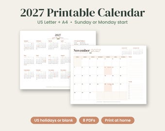 2027 Calendar Printable, 2027 Planner, 2027 Monthly Planner, Year at a Glance, Sunday or Monday Start, US Holidays or Blank, Letter A4 PDF