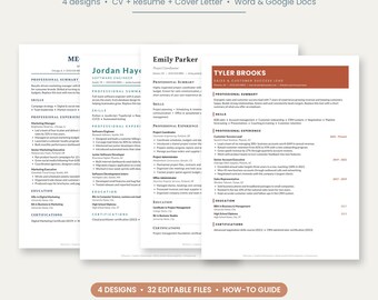 Paquete de plantillas de currículum, 4 plantillas de currículum ATS para Word, Google Docs y Pages, plantilla de CV, carta de presentación, 1 y 2 páginas, regalo de graduación