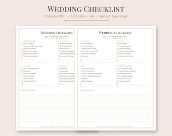 Lista de tareas para bodas imprimible, cronograma de boda de 12 meses, lista de tareas para planificar la boda, planificador para la novia, regalo de compromiso, PDF tamaño carta estadounidense y A4