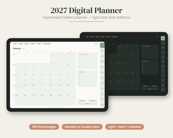 Agenda digital 2027, agenda para tablet con hipervínculos, agenda diaria, semanal y mensual con fechas, modo oscuro, registro de hábitos, planificador de presupuesto, PDF