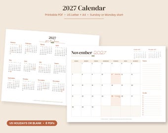 Calendario imprimible 2027, Planificador 2027, Planificador mensual 2027, Resumen anual, Inicio en domingo o lunes, Días festivos de EE. UU. o en blanco, PDF tamaño carta A4