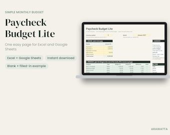 Hoja de cálculo de presupuesto sencilla, plantilla de presupuesto mensual para Excel y Google Sheets, rastreador de presupuesto de nómina fácil, planificador de presupuesto para principiantes
