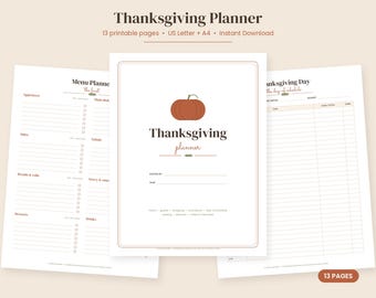 Planificador imprimible de Acción de Gracias, planificador de menú de Acción de Gracias, cuenta regresiva para la cena, lista de invitados y lista de compras, plano de mesas, PDF tamaño carta estadounidense A4