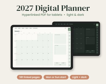 2027年デジタルプランナー、ハイパーリンク付きタブレットプランナー、日付入り日次・週次・月次プランナー、ダークモード、習慣トラッカー、予算プランナー、PDF