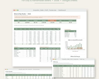 Hoja de cálculo para el seguimiento de beneficios de vendedores de tiendas online y de productos hechos a mano, calculadora de precios, calculadora de comisiones, registro de pedidos, Google Sheets y Excel