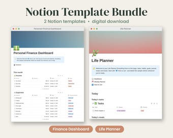 Notion-Vorlagenpaket, Lebensplaner und Budget-Tracker, All-in-One-Notion-Dashboard, Finanz-Tracker, Gewohnheits-Tracker, Ziele, Essensplaner