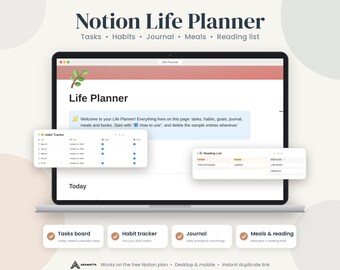 Plantilla de planificador de vida Notion, planificador de objetivos 2027, panel de control todo en uno, registro de hábitos, diario, planificador de comidas, lista de lectura, planificador semanal