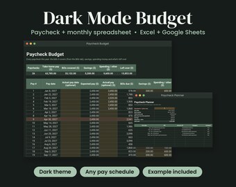 Dark Mode Budget Spreadsheet, Paycheck Budget Planner 2027, Excel and Google Sheets, Biweekly Budget Tracker, Debt Payoff, Net Worth