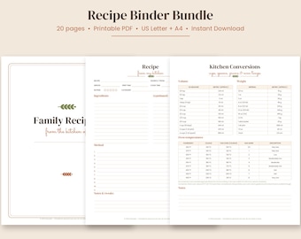 Paquete imprimible para archivador de recetas, plantilla de libro de recetas, tarjetas de recetas, planificador de comidas, tabla de conversión, regalo de Navidad para mamá, PDF tamaño carta estadounidense A4