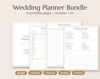Wedding Planner Printable Bundle, Wedding Binder, Budget, Checklist, Guest List, Seating Chart, Vendors, Engagement Gift, US Letter PDF