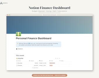 Plantilla de presupuesto de Notion, panel de control de finanzas personales, rastreador de presupuesto, rastreador de gastos, objetivos de ahorro, rastreador de deudas, rastreador de suscripciones