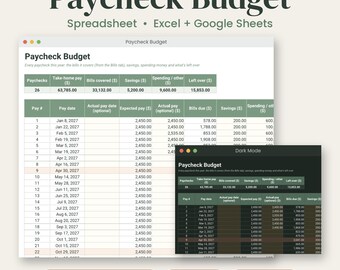 給与明細予算スプレッドシート、2027年月間予算プランナー、ExcelとGoogleスプレッドシート、隔週予算トラッカー、借金返済、貯蓄、ダークモード