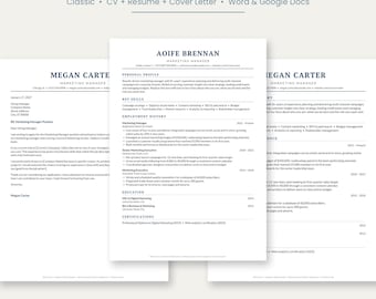 Plantilla de currículum para Word, Google Docs y Pages, plantilla de CV clásica, currículum para ATS, plantilla de carta de presentación, CV profesional de 1 y 2 páginas.