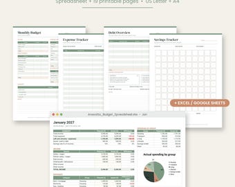 Paquete de planificador de presupuesto, hoja de cálculo de presupuesto de Año Nuevo para Google Sheets y Excel, registro de pago de deudas, ahorros, registro de facturas y gastos, PDF tamaño carta/A4