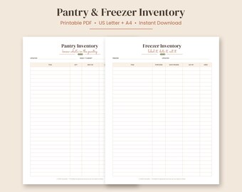 Plantilla imprimible para organizar el almacenamiento de la cocina, lista de inventario de despensa y congelador, planificador de preparación de comidas, registro de existencias de alimentos, PDF en formato carta y A4.
