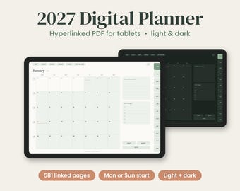 2027 Digital Planner, Hyperlinked Tablet Planner, Dated Daily Weekly Monthly Planner, Dark Mode, Habit Tracker, Budget Planner, PDF