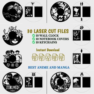 Pode incluir: Uma coleção de 30 arquivos de corte a laser com designs de anime e mangá para relógios de parede, capas de caderno e chaveiros. O conjunto digital inclui formatos PDF, DXF, AI, CDR e SVG. Os designs incluem Death Note, Goku, Pokemon, Sailor Moon, Nezuko, One Piece e Totoro.