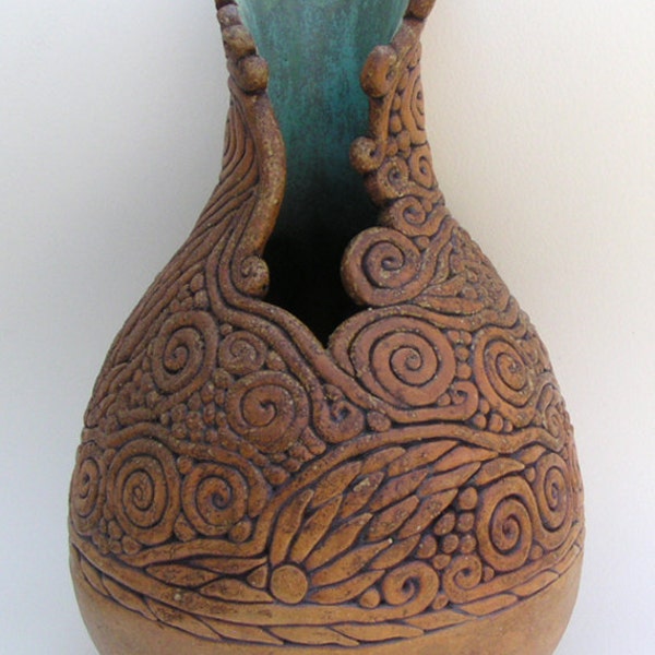 Tan Coiled Vase With Turquoise Throat
