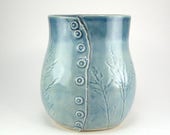 Small Blue Vase, Kitchen Utensil Holder, Button Vase, Blue Pencil Holder, HandBuilt Vessel, Grass Imprinted Vase, Ceramic Vessel 06-17-08