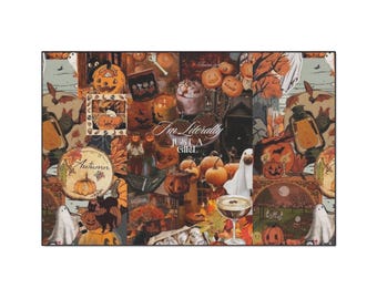 May include: A rectangular wall tapestry featuring a collage of autumn and Halloween imagery, including pumpkins, ghosts, black cats, bats, and lanterns in orange and brown tones. The center text reads, I'm Literally JUST A GIRL.