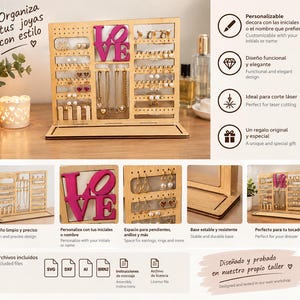 May include: A light-colored wooden jewelry organizer stand featuring a central cutout with the word LOVE in bright pink. The stand includes multiple rows of holes for earrings, hooks for necklaces, and a flat base for stability.
