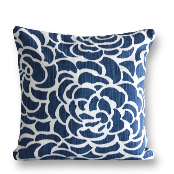 Peony Blue Decorative Pillow Cover.Colors-Navy Blue and White .Sizes-Square or Lumbar
