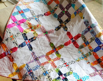 Colourful Crosses, Handmade Patchwork Quilt / Throw