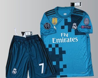 Real Madrid 2017-2018 blauw tenue Cristiano Ronaldo nr. 7 Champions League-shirt, shorts - voetbaluniform met korte en lange mouwen