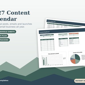 May include: A 2027 content calendar digital template for Excel and Google Sheets. The document features a content dashboard with status tracking, a 12-month plan, a bar chart for posts planned versus posted, and a pie chart for content mix by pillar.