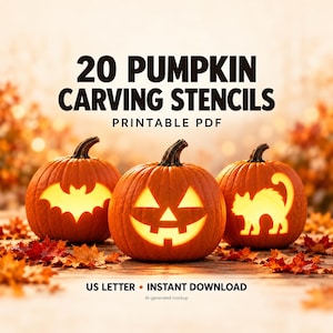 May include: A digital collection of 20 pumpkin carving stencils in a printable PDF format. The image displays three orange pumpkins with glowing cutouts of a bat, a jack-o'-lantern face, and a cat, labelled US LETTER and INSTANT DOWNLOAD.
