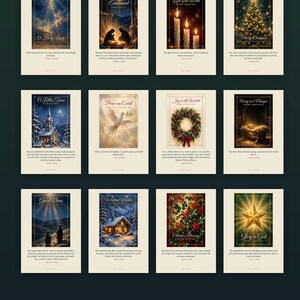 K&ouml;nnte beinhalten: Eine Sammlung von 12 Weihnachtskartendesigns mit religi&ouml;sen Motiven wie einer Krippenszene, einem Stern, Hirten und Adventskerzen. Jede Karte enth&auml;lt Text und Bibelverse im Format 5x7 Zoll als PDF- und PNG-Dateien.