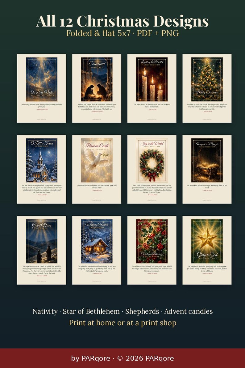 K&ouml;nnte beinhalten: Eine Sammlung von 12 Weihnachtskartendesigns mit religi&ouml;sen Motiven wie einer Krippenszene, einem Stern, Hirten und Adventskerzen. Jede Karte enth&auml;lt Text und Bibelverse im Format 5x7 Zoll als PDF- und PNG-Dateien.