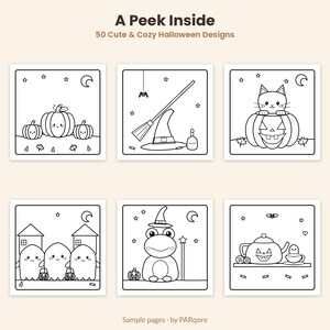 May include: A coloring book titled A Peek Inside 50 Cute & Cozy Halloween Designs featuring six square black and white line art illustrations of pumpkins, a witch hat, a cat, ghosts, a frog, and a jack-o'-lantern teapot.
