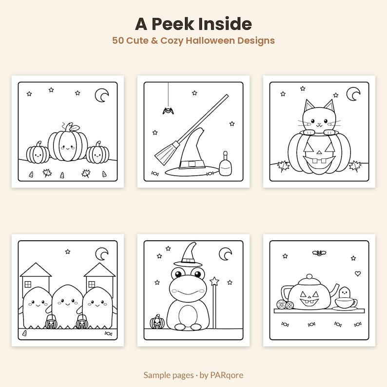 May include: A coloring book titled A Peek Inside 50 Cute & Cozy Halloween Designs featuring six square black and white line art illustrations of pumpkins, a witch hat, a cat, ghosts, a frog, and a jack-o'-lantern teapot.