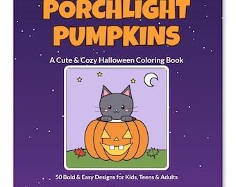 Könnte beinhalten: Ein quadratisches Malbuch mit dem Titel Porchlight Pumpkins: A Cute & Cozy Halloween Coloring Book. Das violette Cover zeigt eine zentrale Illustration einer grauen Katze in einem orangefarbenen Kürbis, mit 50 Bold & Easy Designs for Kids, Teens & Adults von PARqore.