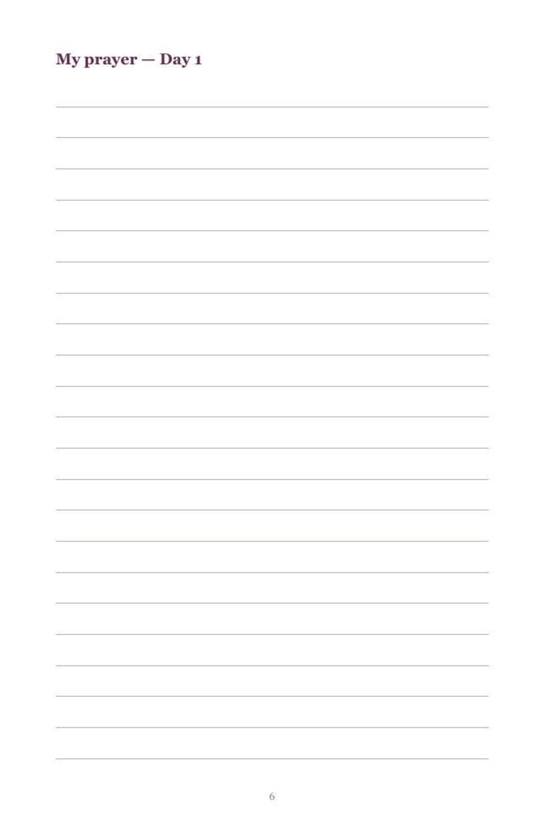May include: A page from a journal featuring the text My prayer &mdash; Day 1 at the top, followed by twenty-one evenly spaced horizontal lines for writing. The number 6 is centered at the bottom of the page in a simple, dark font.