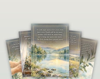 May include: Five printable sympathy cards featuring landscape illustrations and scripture text. The cards display scenes of lakes, mountains, and olive branches with gold-toned borders. Text includes Revelation 21:4 and other verses.