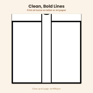 May include: A digital template featuring the text Clean, Bold Lines and Print at home on letter or A4 paper. The graphic displays a white rectangular layout divided by thick black lines into two main panels with a central vertical column.