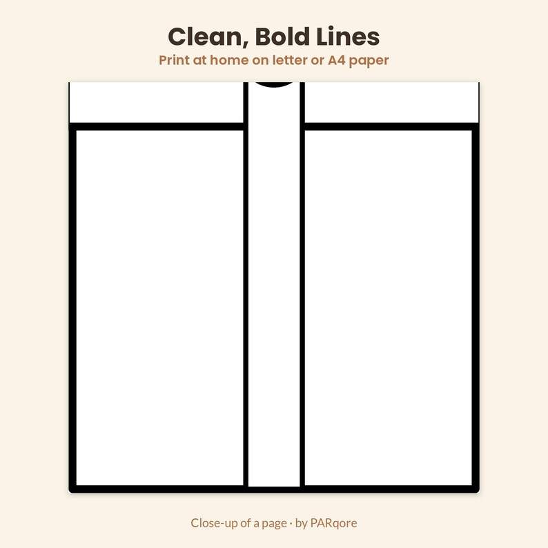 May include: A digital template featuring the text Clean, Bold Lines and Print at home on letter or A4 paper. The graphic displays a white rectangular layout divided by thick black lines into two main panels with a central vertical column.