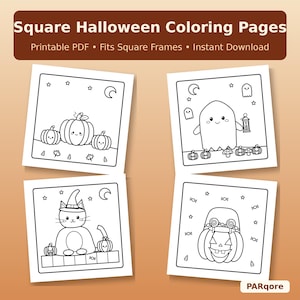 May include: Four square Halloween coloring pages featuring black and white line art. Designs include pumpkins, a ghost with a lantern, a cat wearing a witch hat, and a jack-o'-lantern. Text reads Square Halloween Coloring Pages.