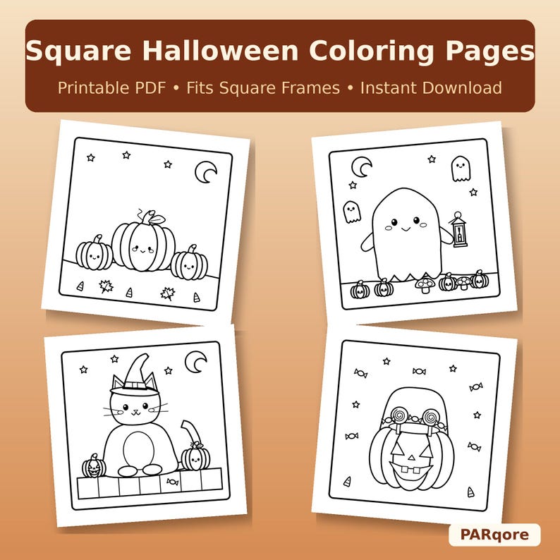 May include: Four square Halloween coloring pages featuring black and white line art. Designs include pumpkins, a ghost with a lantern, a cat wearing a witch hat, and a jack-o'-lantern. Text reads Square Halloween Coloring Pages.