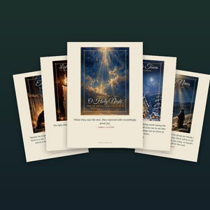 May include: A collection of 12 printable Christmas cards featuring scripture designs. The cards display religious imagery, including a star over Bethlehem and nativity scenes, with text such as O Holy Night and Bible verses printed on cream paper.