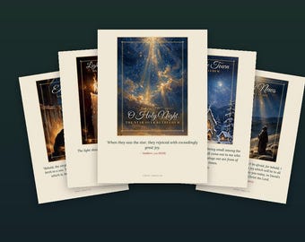 May include: A collection of 12 printable Christmas cards featuring scripture designs. The cards display religious imagery, including a star over Bethlehem and nativity scenes, with text such as O Holy Night and Bible verses printed on cream paper.