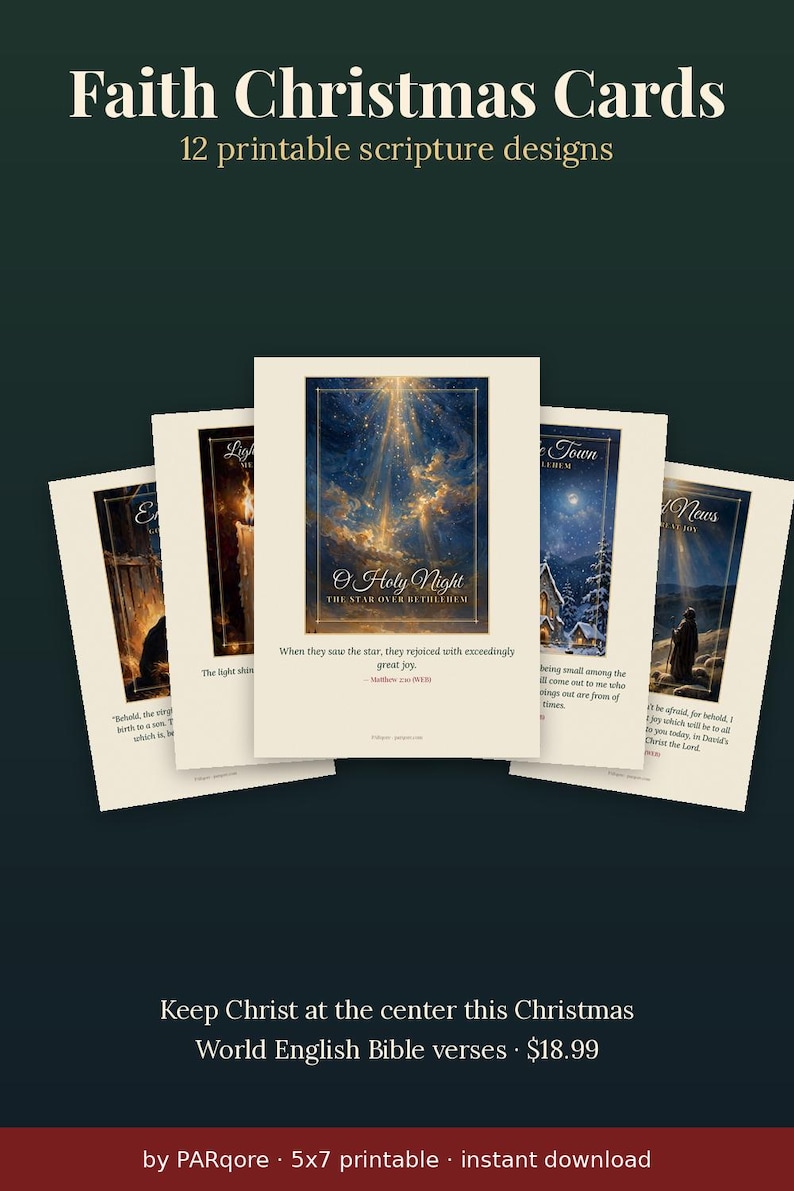 K&ouml;nnte beinhalten: Eine Sammlung von 12 druckbaren Weihnachtskarten mit Schriftstellen. Die Karten zeigen religi&ouml;se Motive, darunter einen Stern &uuml;ber Bethlehem und Krippenszenen, mit Texten wie O Holy Night und Bibelversen auf cremefarbenem Papier.