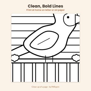May include: A black and white coloring page featuring a bird perched on a fence with horizontal lines in the background. The text at the top reads Clean, Bold Lines and Print at home on letter or A4 paper. The bottom text reads Close-up of a page by PARqore.